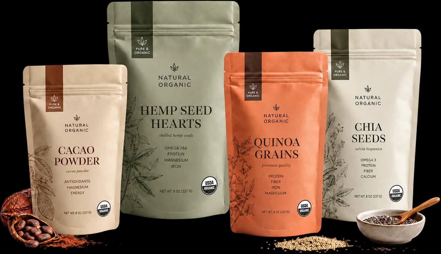 Four printed stand-up pouches — cacao powder, hemp seed hearts, quinoa grains and chia seeds — in matte film with resealable zippers.