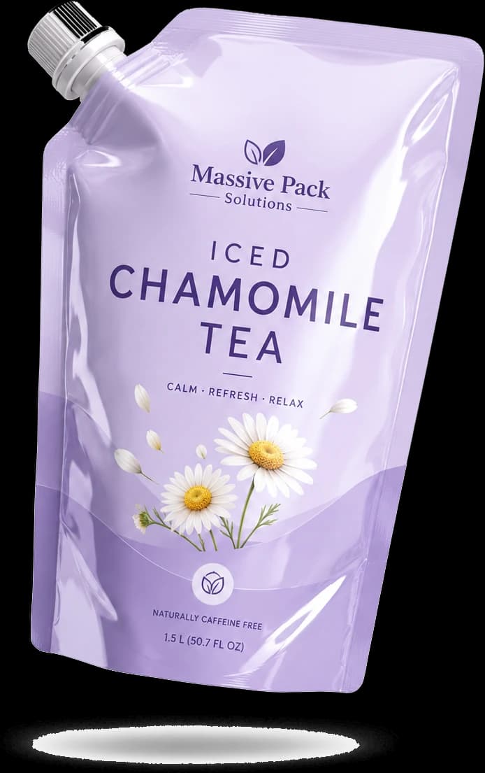 A lavender Massive Pack Solutions spouted pouch of iced chamomile tea.