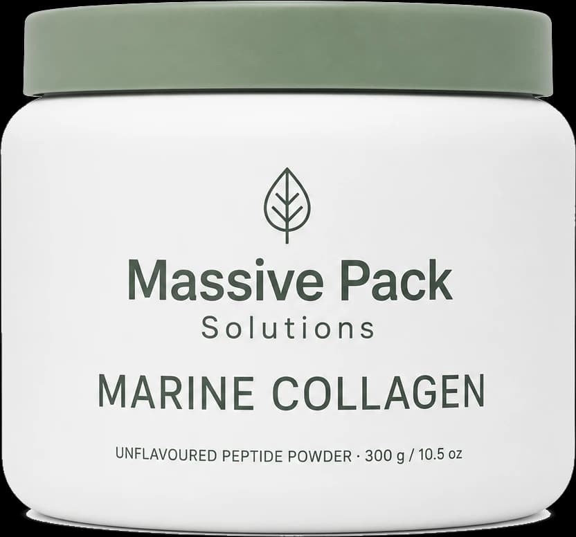A squat white Massive Pack Solutions jar of marine collagen powder with a sage green lid.