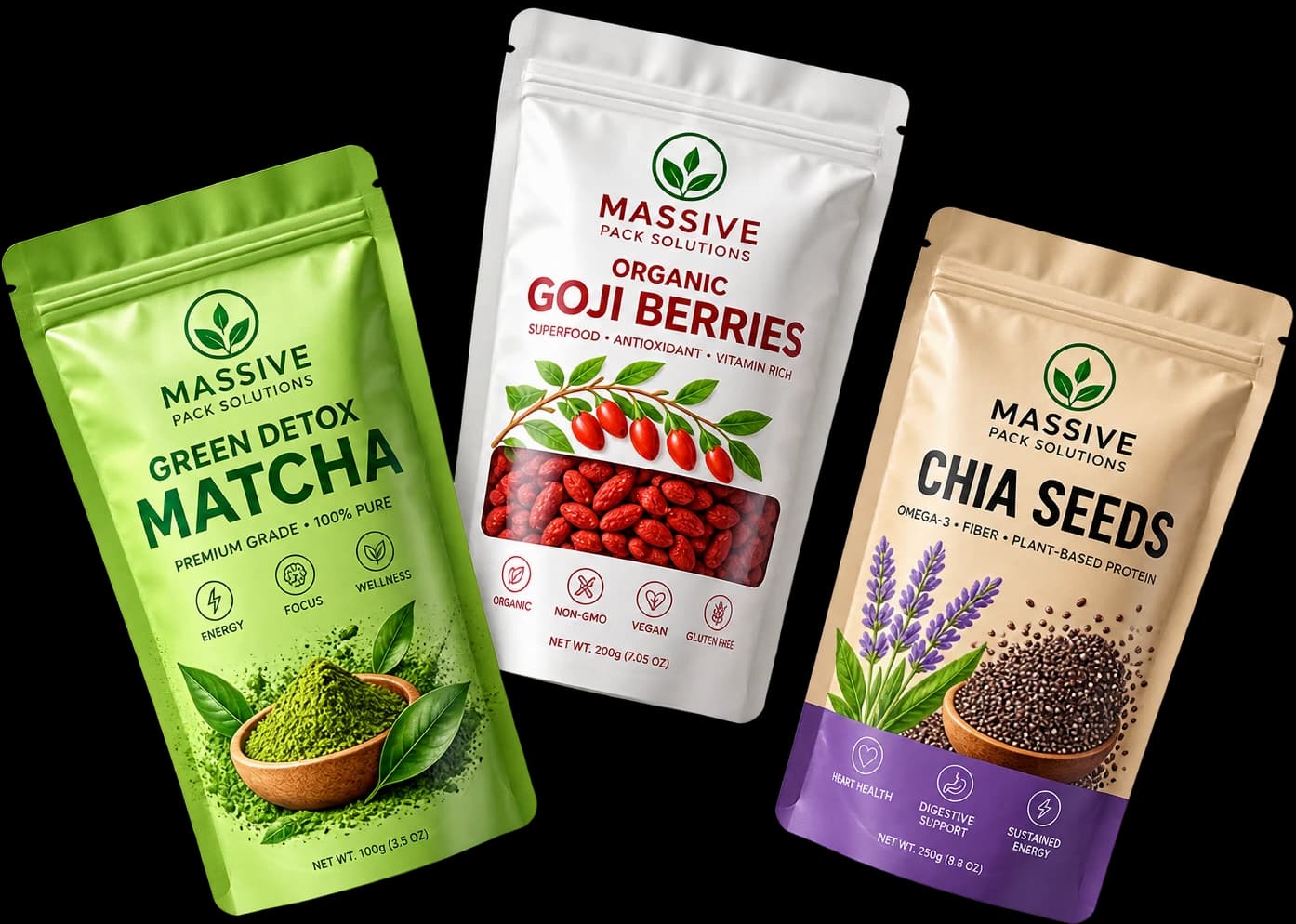 Three MPS-branded stand-up pouches — matcha, goji berries and chia seeds — standing side by side.