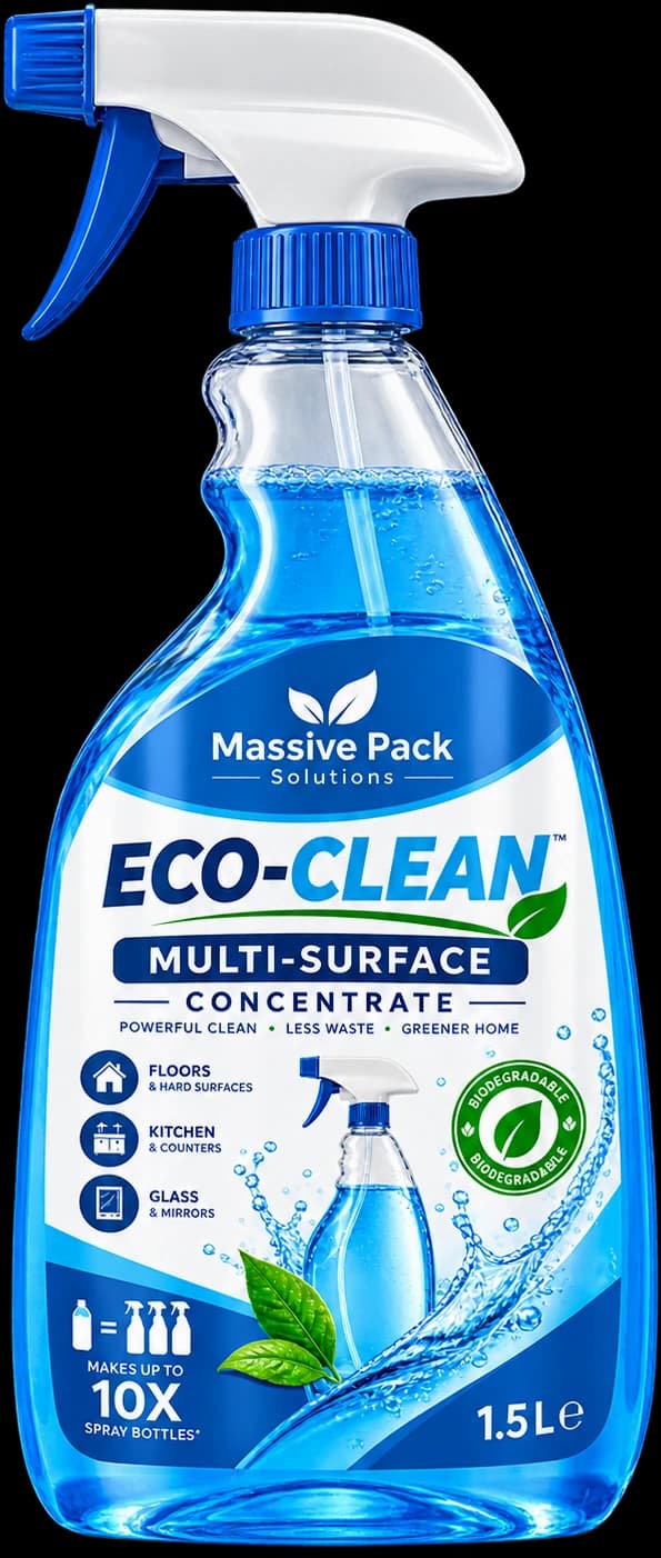 A clear trigger-spray bottle holding blue multi-surface cleaning concentrate.