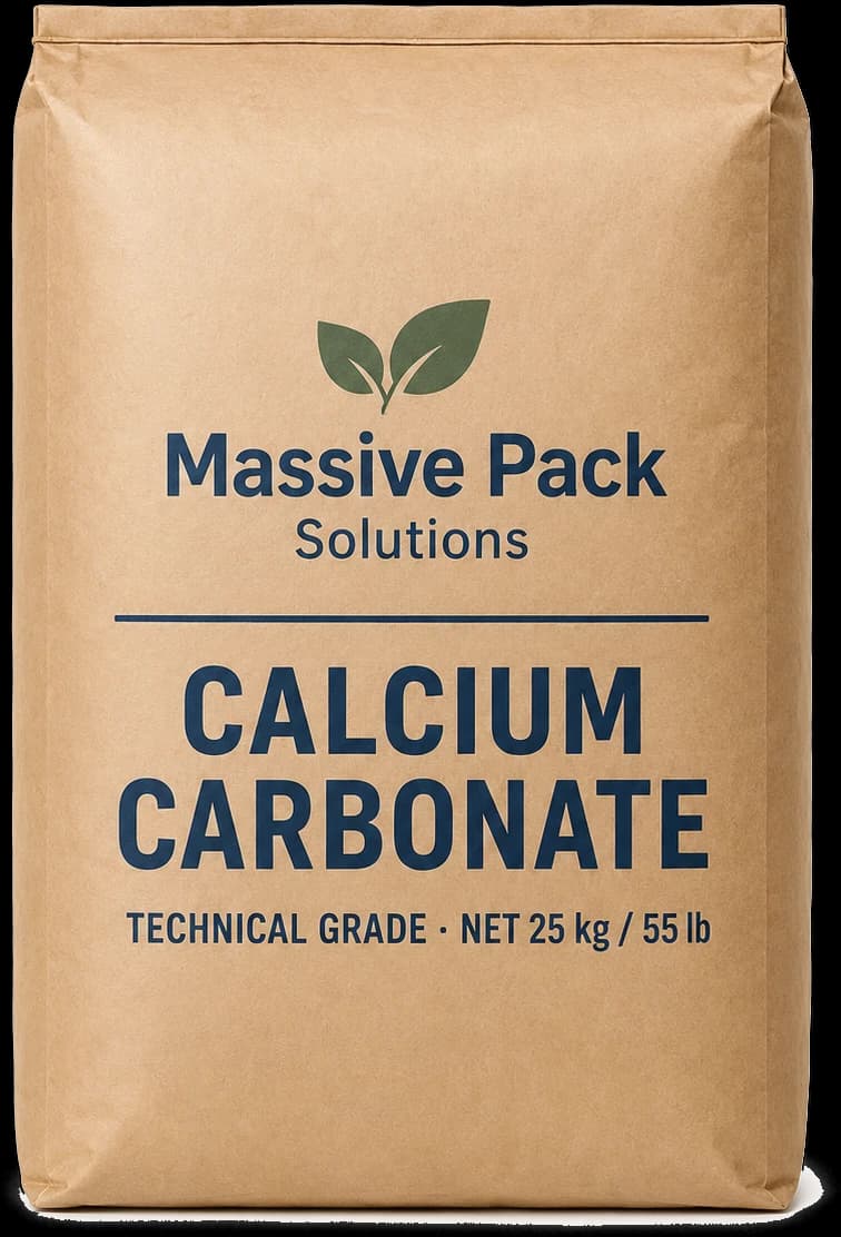 A 25 kilogram kraft multiwall sack of technical grade calcium carbonate.