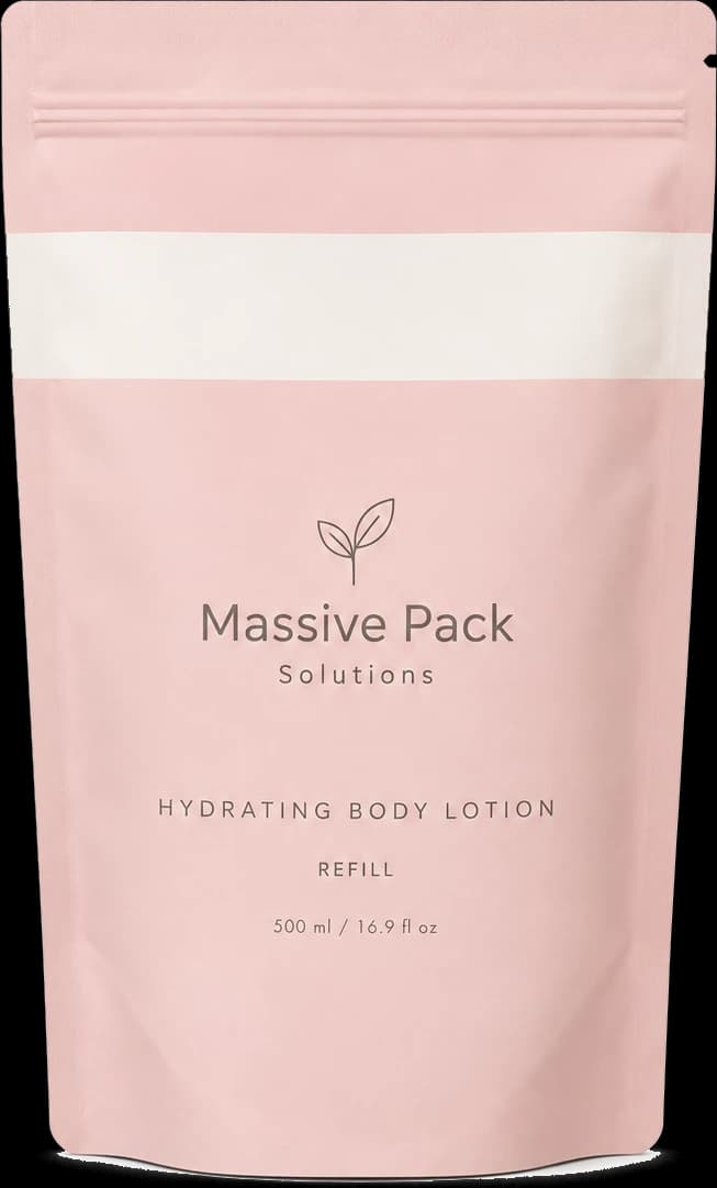 A blush pink matte stand-up refill pouch of Massive Pack Solutions hydrating body lotion.
