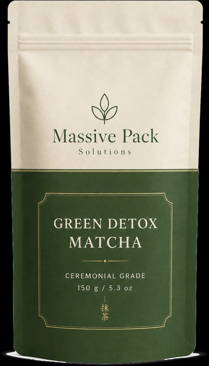 A cream and deep green Massive Pack Solutions stand-up pouch of ceremonial grade green detox matcha.