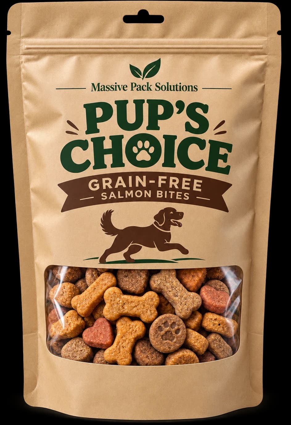 A kraft stand-up pouch of grain-free salmon treats with a clear product window, a resealable zip and a hanging slot.
