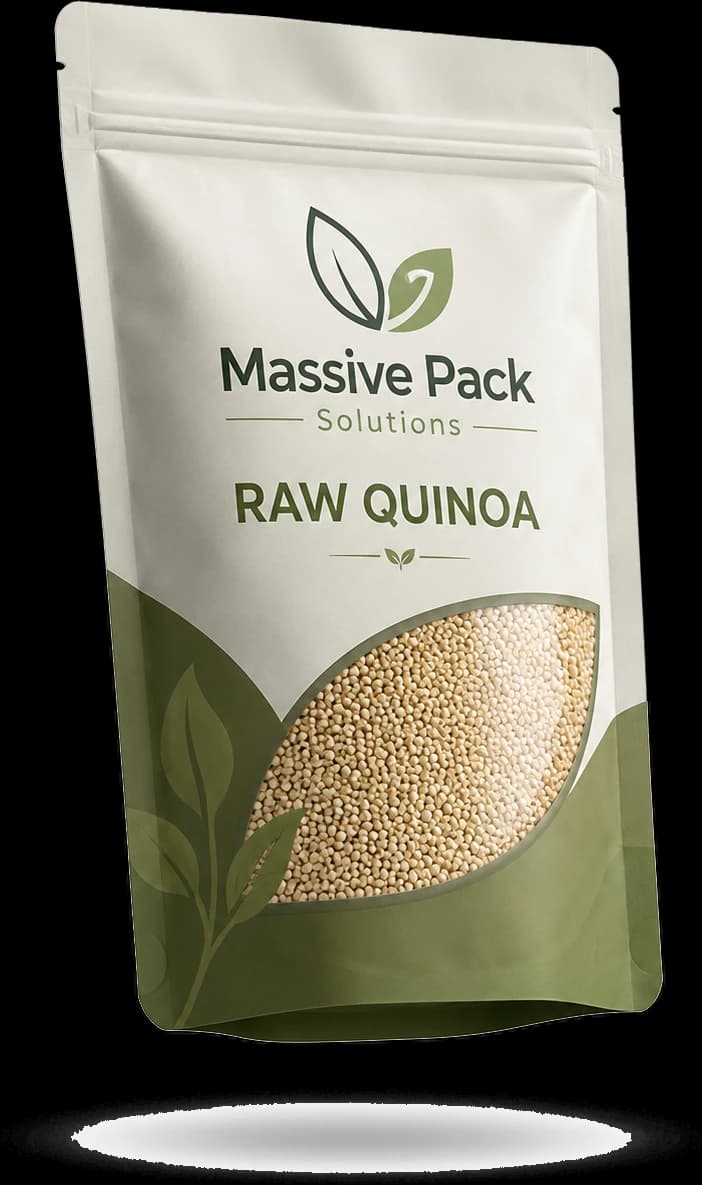 A cream and olive Massive Pack Solutions stand-up pouch of raw quinoa.