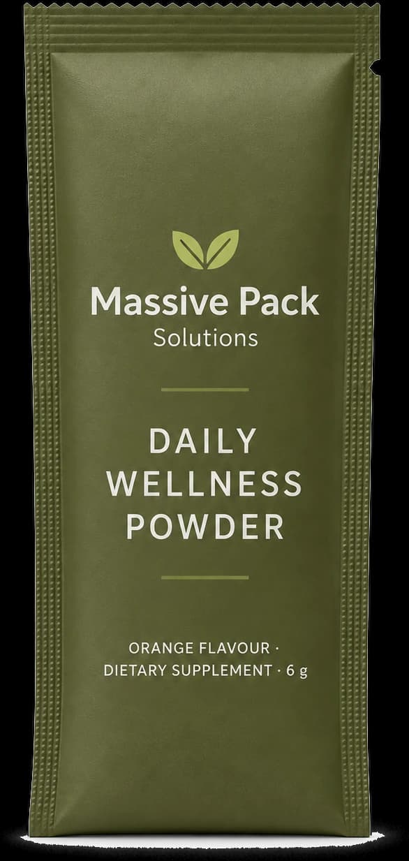 An olive green Massive Pack Solutions stick pack of orange flavour daily wellness powder.