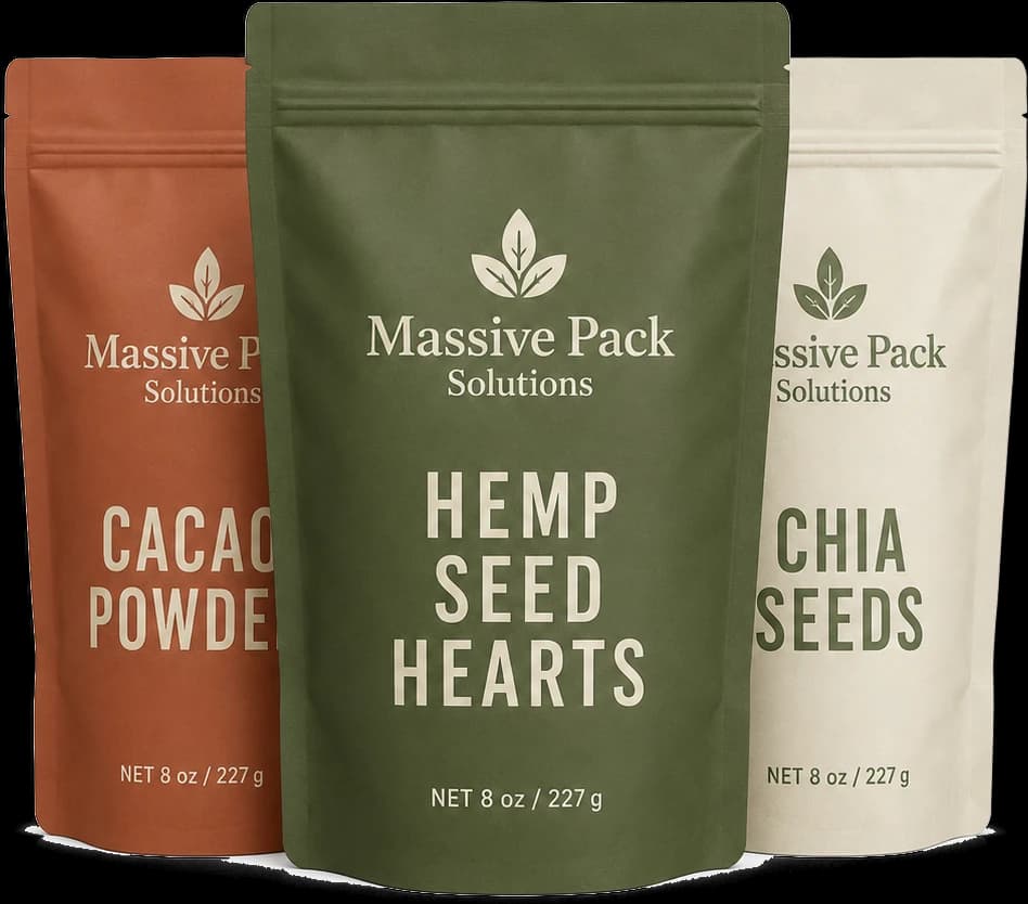 Three matching Massive Pack Solutions stand-up pouches — cacao powder, hemp seed hearts and chia seeds.