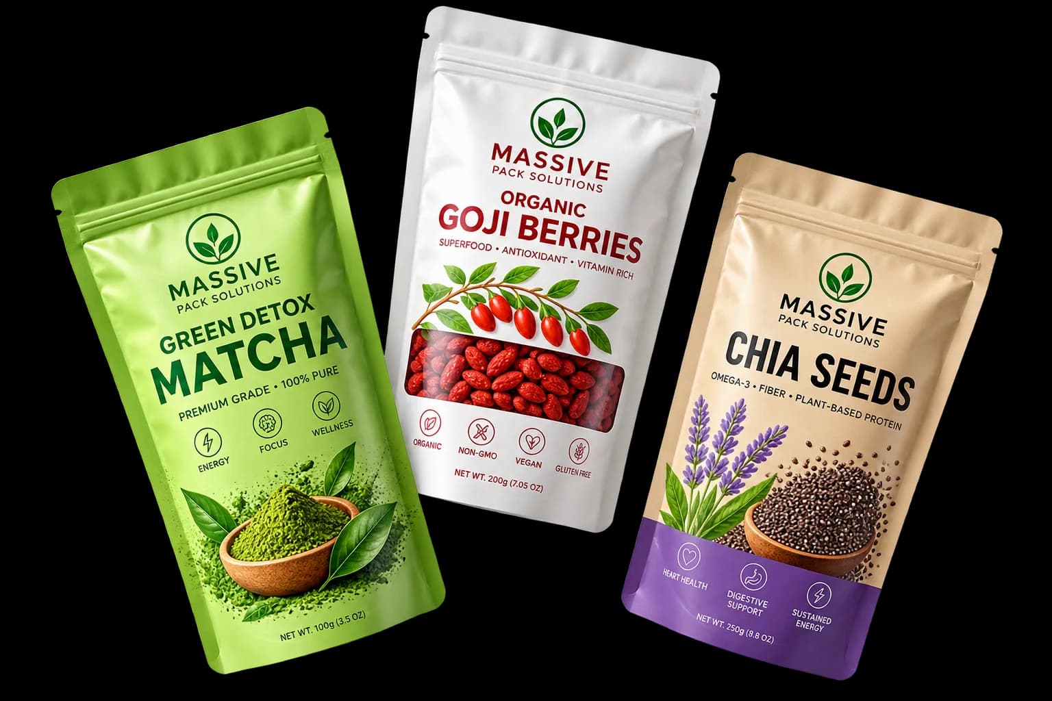 Three Massive Pack Solutions pouches — organic goji berries, chia seeds and green detox matcha — angled above their shadows.