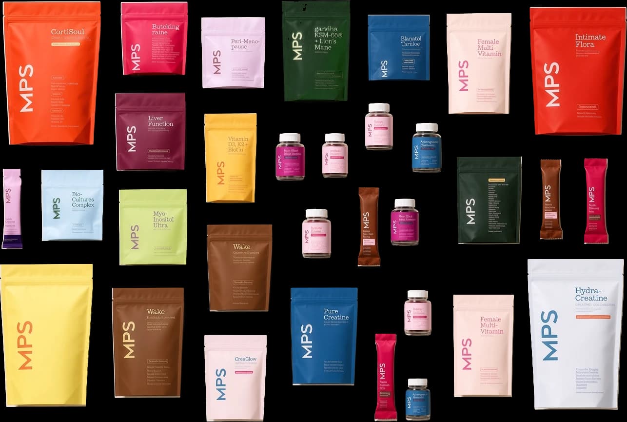 A grid of MPS-branded packaging: stand-up pouches, flat-bottom bags, sachets, stick packs, bottles and jars in a range of colours.